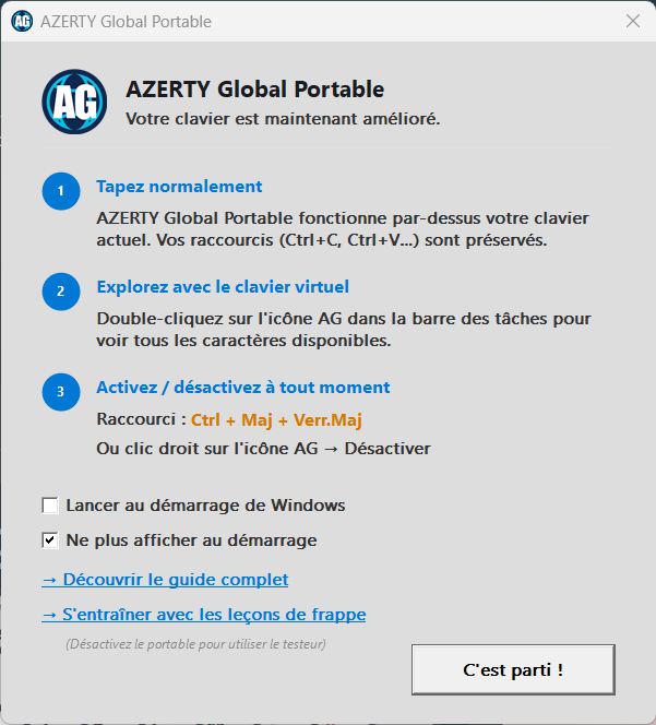 Fenêtre d'accueil AZERTY Global au premier lancement